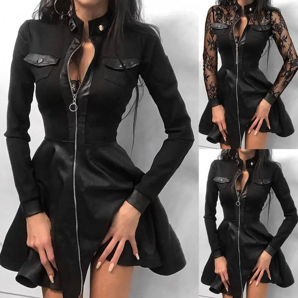 

Fashion Women Dresses Lace Patchwork Long Sleeve Zipper Pocket Large Hem Faux Leather Solid Color Mini Dress Spring Autumn