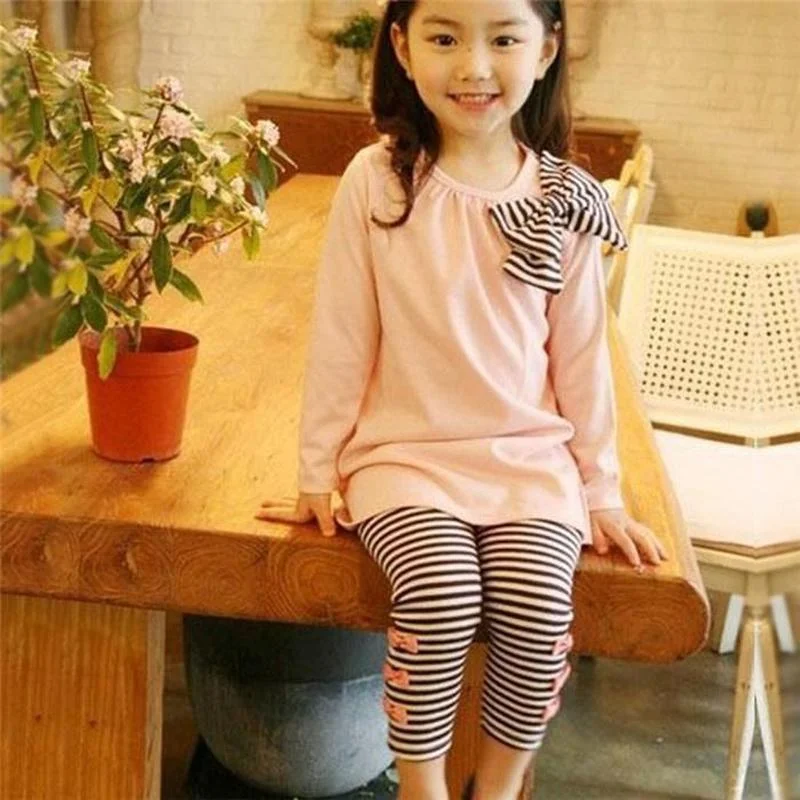 

Girl 2pcs Suit Long Sleeve Bowknot Top Striped Leggings Pants Kid Spring Autumn Casual Outfit Set Cotton Bottoming Clothing