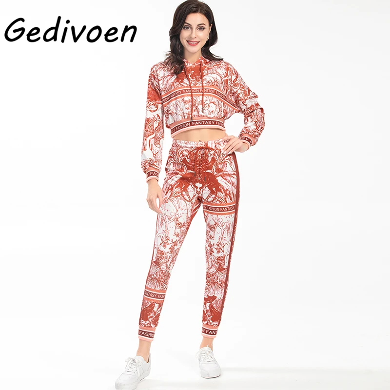 

Женские брюки с длинным рукавом Gedivoen, модельные повседневные Костюмы, толстовка с мультяшным принтом животных + брюки, Модный комплект из дв...