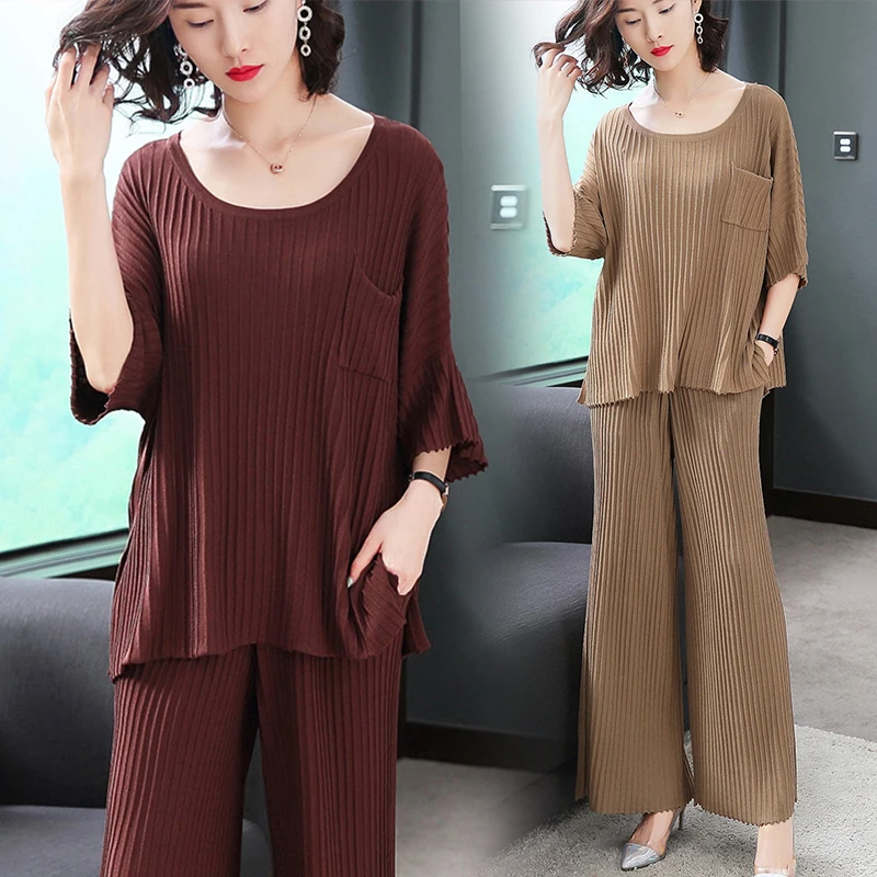 2019 Модный женский комплект из 2 предметов свитер с коротким рукавом + широкие