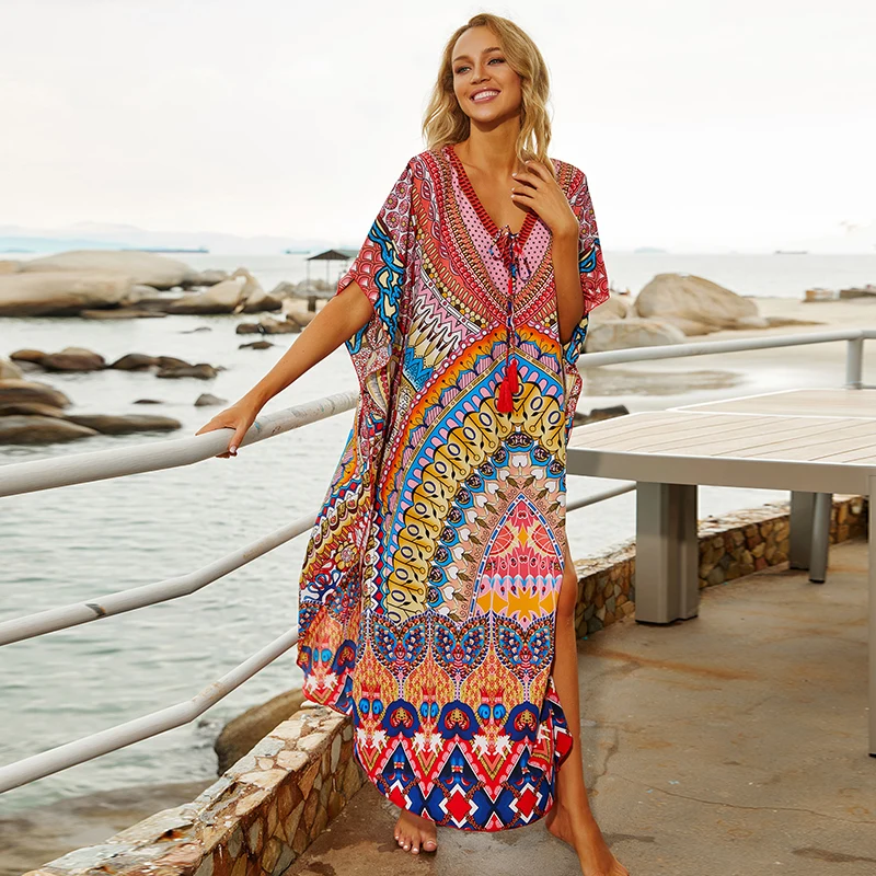 

2021 Quick-drying Bohemian Printed Loose Summer Beach Dress Moroccan Kaftan Women Plus Size Beachwear Tassel Midi Dress Q897