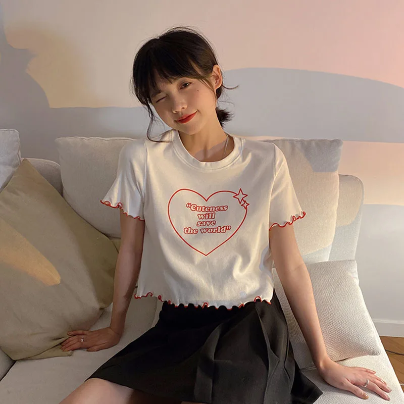 

Korean Cute Heart-shaped Letter Printed Short Sleeve T-shirt Women Casual O-neck Summer Female Top White Woman Tshirts