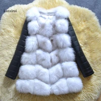 winter new arrival warm women faux fox fur coat with pu sleeve high imitation fox fur jacket black fur outerwear