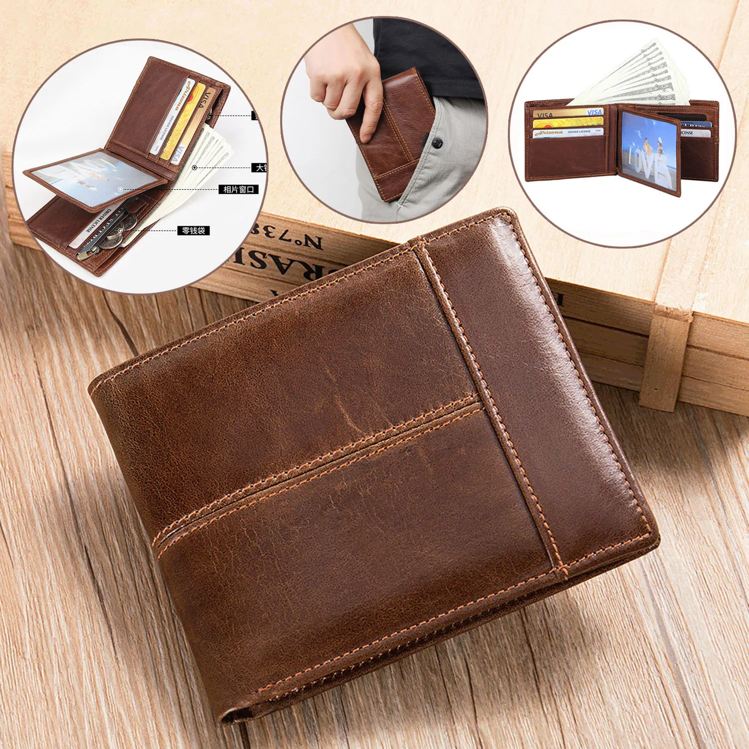 

Genuine Crazy Horse Cowhide Leather Men Wallet Short Coin Purse Small Vintage Wallets Brand High Quality Designe
