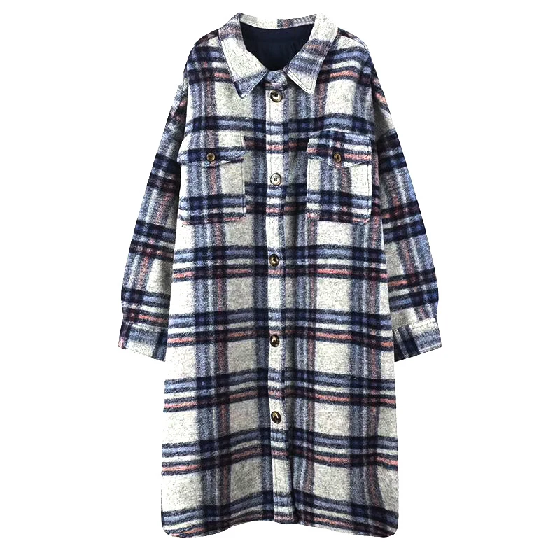 Осенне-зимнее клетчатое шерстяное пальто однобортный жакет с карманами женская