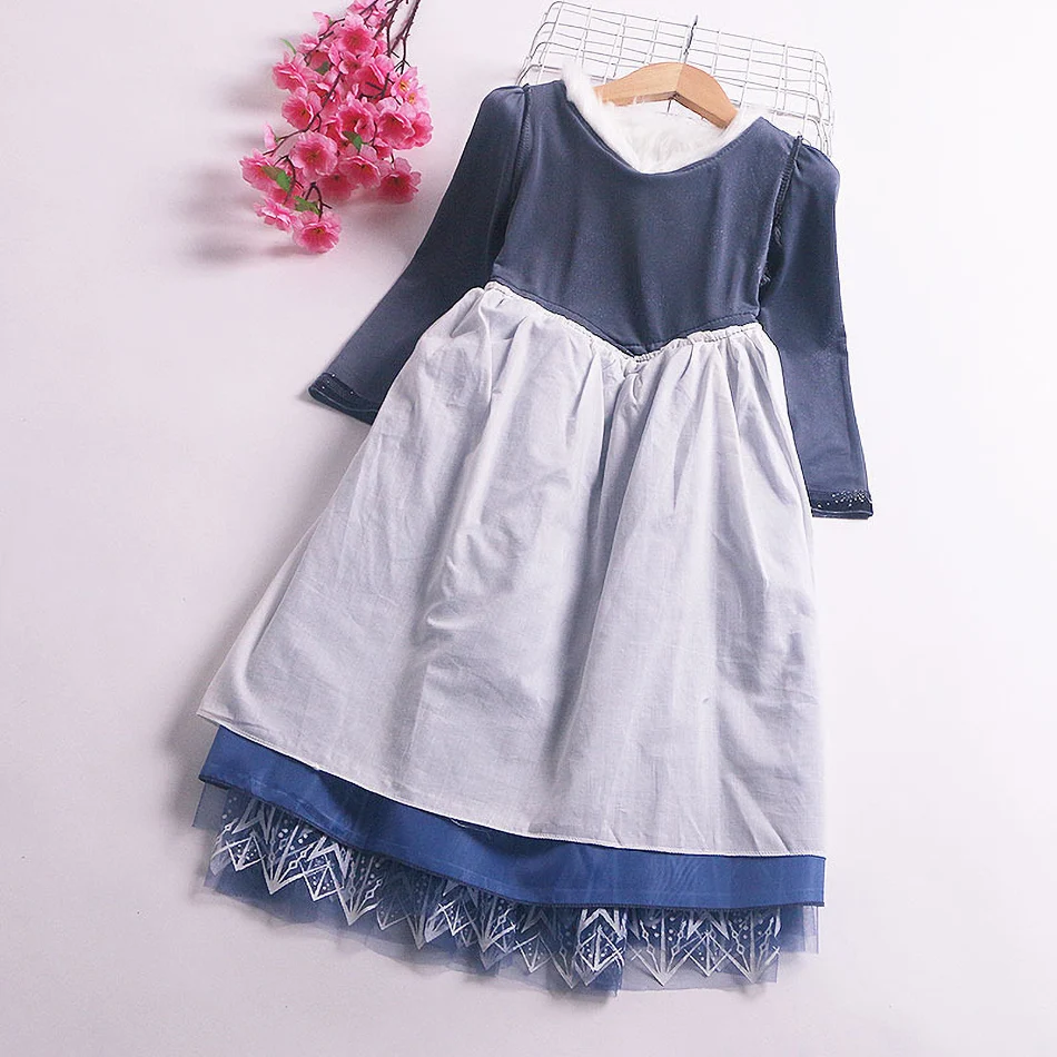 

2020 Winter Girl Dress Fur Collar Elegant Blue Elsa Dress Children Snow Queen Snowflake Halloween Princess Costume Kids Clothes