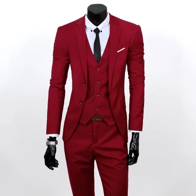 Wine red 2 button Пиджак+ жилет+ брюки) весенние Мужские приталенные деловые костюмы из трех предметов мужские вечерние костюмы жениха/мужские свадебные блейзеры - Цвет: Wine red 2 button