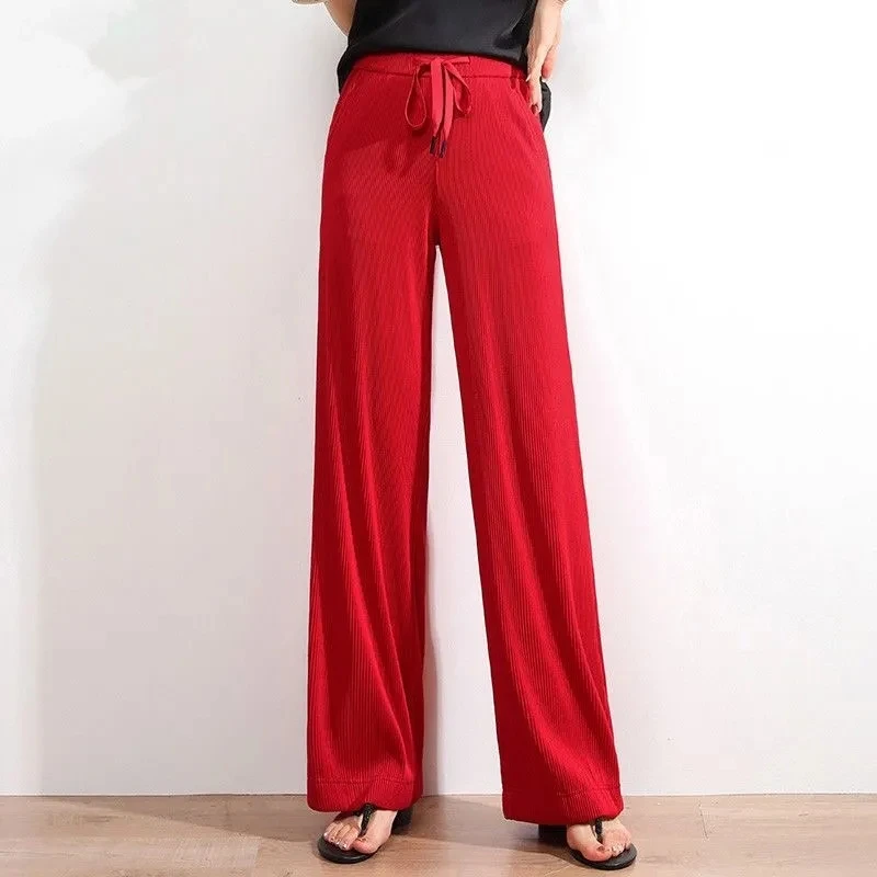 

Fashion solid casual loose summer Wide Leg Pants Women Elastic waist big size Lace-up Straight Pants Female Chic ladies trousers