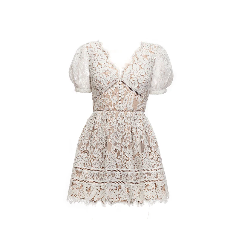 

French Romantic Elegant Hollow out Short Lace Dress Women Vestidos V-neck Puff sleeve Slim Mini Dress Party Dress 2021 Summer