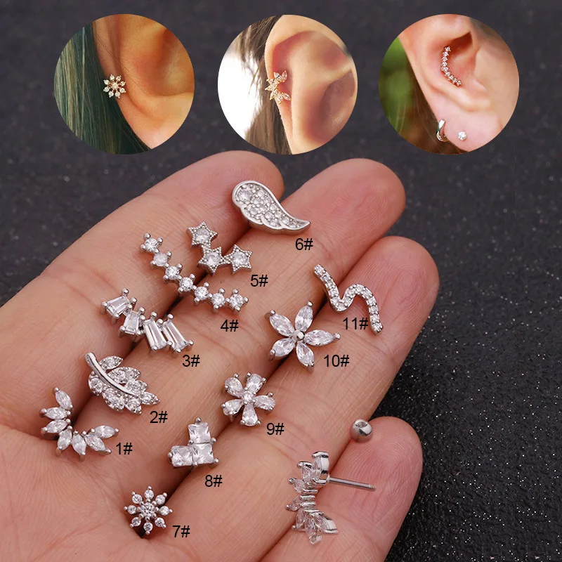 

Stainless Steel Bar With Cz Snake Wings Flower Cartilage Helix Piercing Jewelry Rook Conch Tragus Screw Back Earring Stud