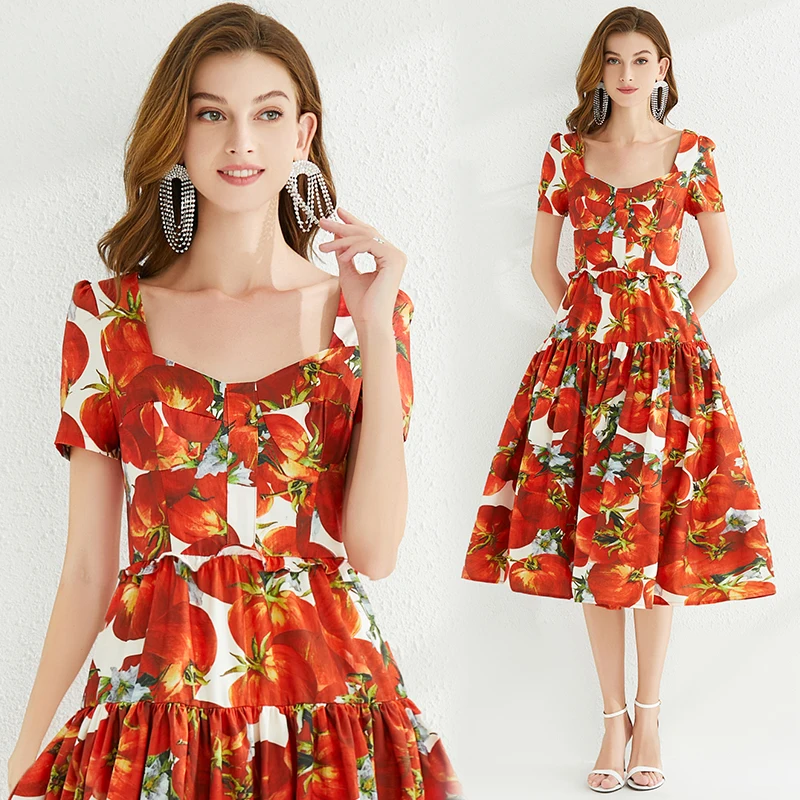 

Runway Summer Bohemian Tomato Flower Red Dress Women's Square Collar Short Sleeve Floral Print Backless Lace Up Bow Vestidos