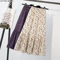 new casual high waist elastic floral skirt loose plus size long skirts for women autumn a line chiffon skirt purple jupe femme