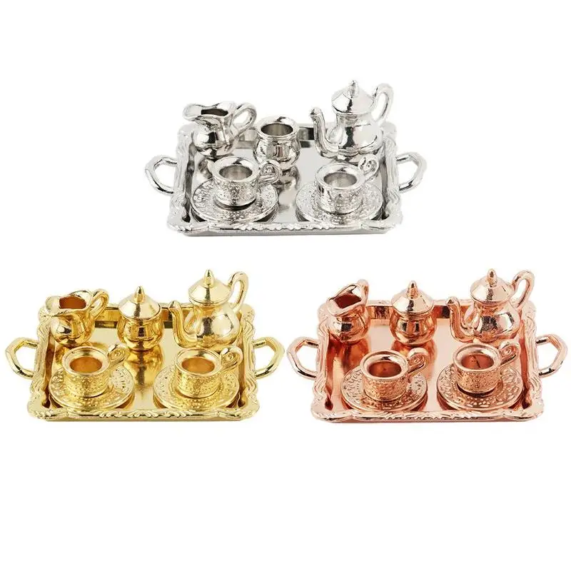 

1:12 Dollhouse Alloy Mini Pattern Tea Set Resin Flower Pot Pocket Dollhouse Simulation Model Scene Miniature Dollhouse Decor