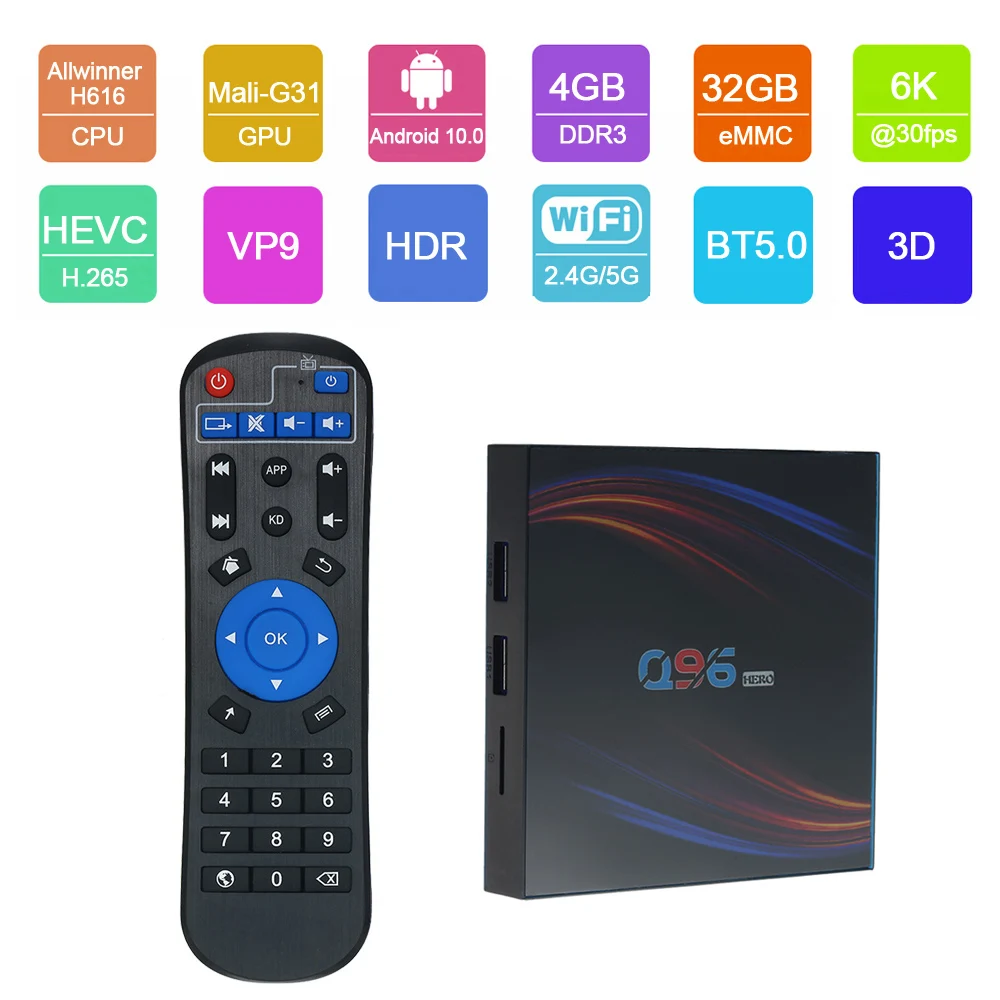 

Приставка Смарт-ТВ Q96HERO, Android 10,0, 6K, HDR, H.265, VP9, 4 ГБ/32 ГБ, 2,4 ГГц, Wi-Fi, BT5.0, 100 Мбит/с, ЖК-дисплей с дистанционным управлением