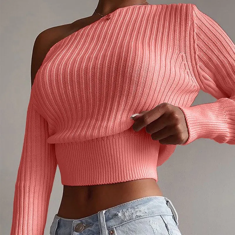 

2021 autumn and winter new products short tops one-shoulder women sweaters sexy rib knit women tops solid color fashion sweater