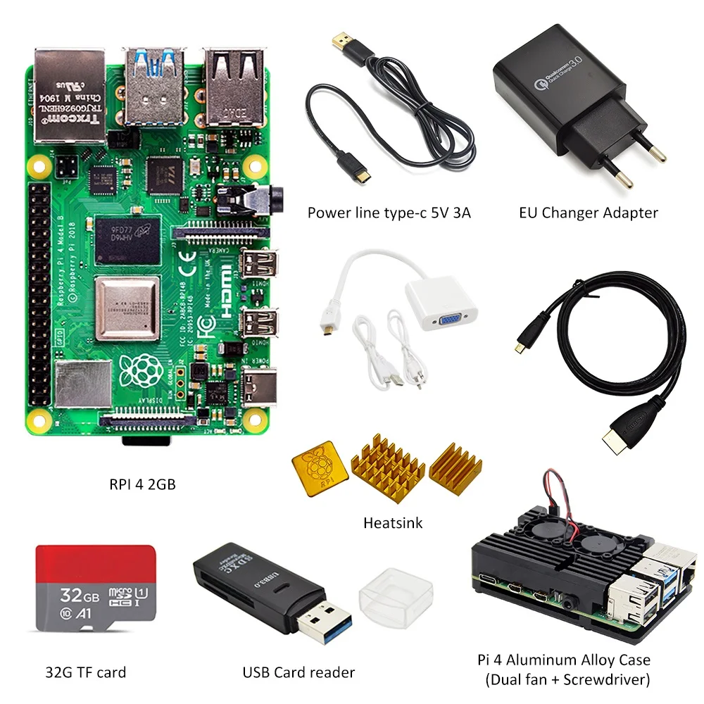 Оригинальный Raspberry Pi 4 Модель B 2 ГБ RAM Полный комплект: чехол + адаптер питания ЕС