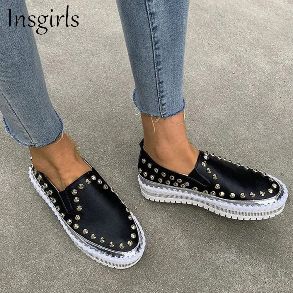 

2021 Autumn Sneakers Women Round Toe Rivet Ladies Comfortable Slip On Loafers Home Outdoor Running Walking Sport Flats Female