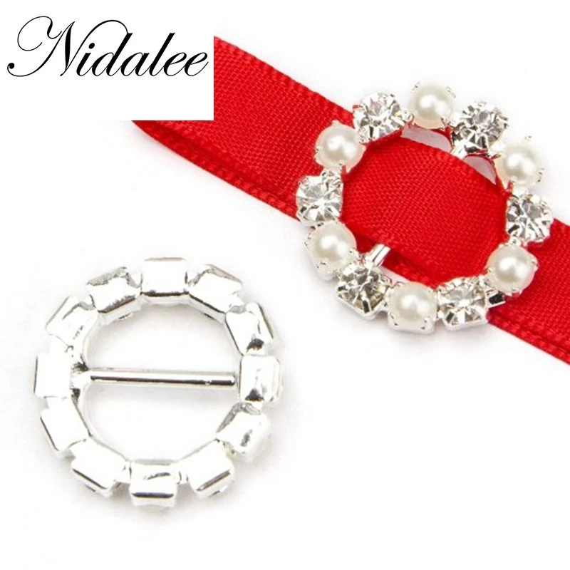 

20mm 4/5" Silver Fashion Round Pearl Rhinestone DIY Accessories Decoration Buckle For Wedding Invitation Card For Ribbon Slider