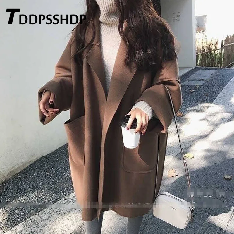 Модное свободное шерстяное весеннее пальто большого размера длинное стильное