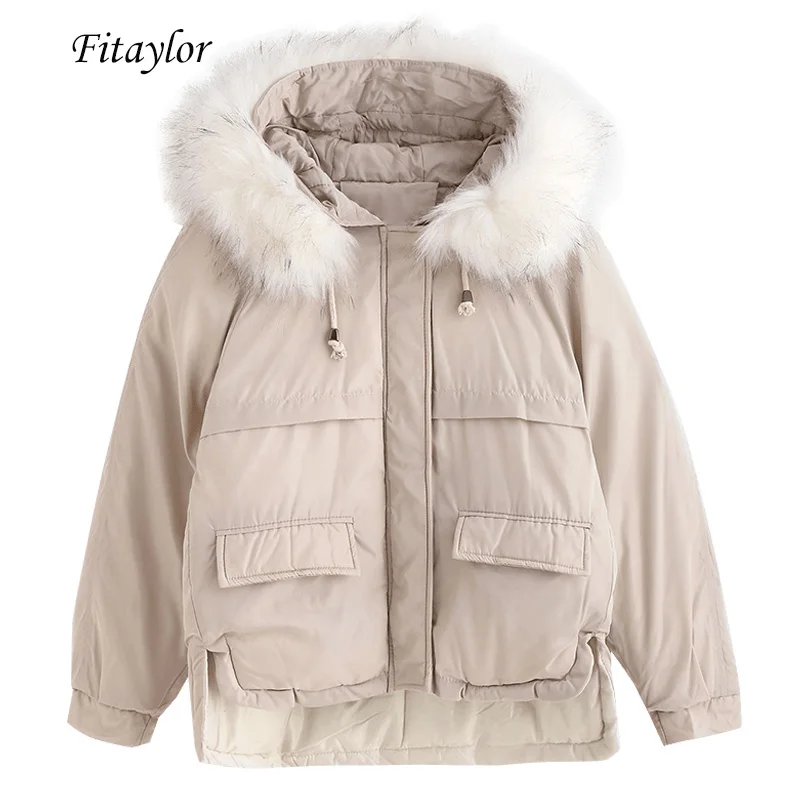 Fitaylor короткие парки свободные пуховые хлопковые пальто зимние женские с воротником из искусственного меха теплые зимние черные куртки с капюшоном Повседневная Верхняя одежда