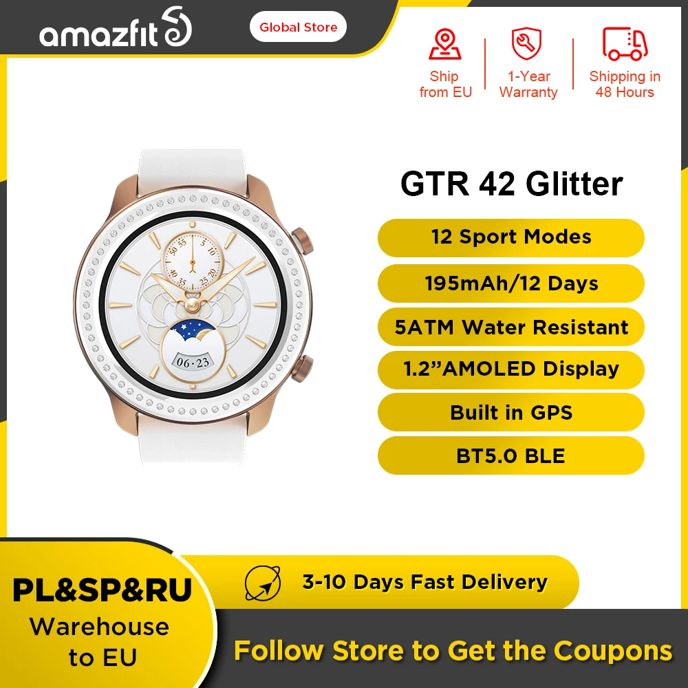 

Оригинальные Смарт-часы Amazfit GTR 42 мм Блестящий выпуск 5ATM женские часы 12 дней батарея управление музыкой для телефонов Android IOS