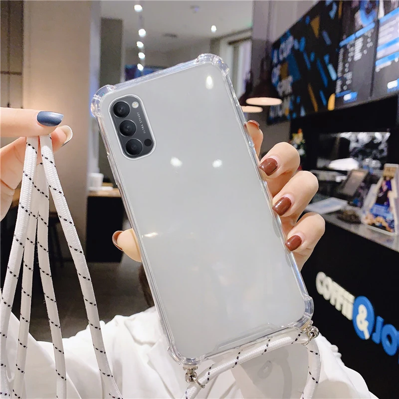 

Luxury Lanyard Silicone Phone Case For Oppo Reno 4 3 2 Z F Ace Pro Find X2 RX 17 15 Neo R 11s 9s Ultra-thin Necklace Rope Cover