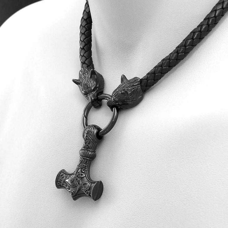 

Black Thunder Hammer and Roaring Wolf Head Thor's Hammer Amulet Necklace Jewelry