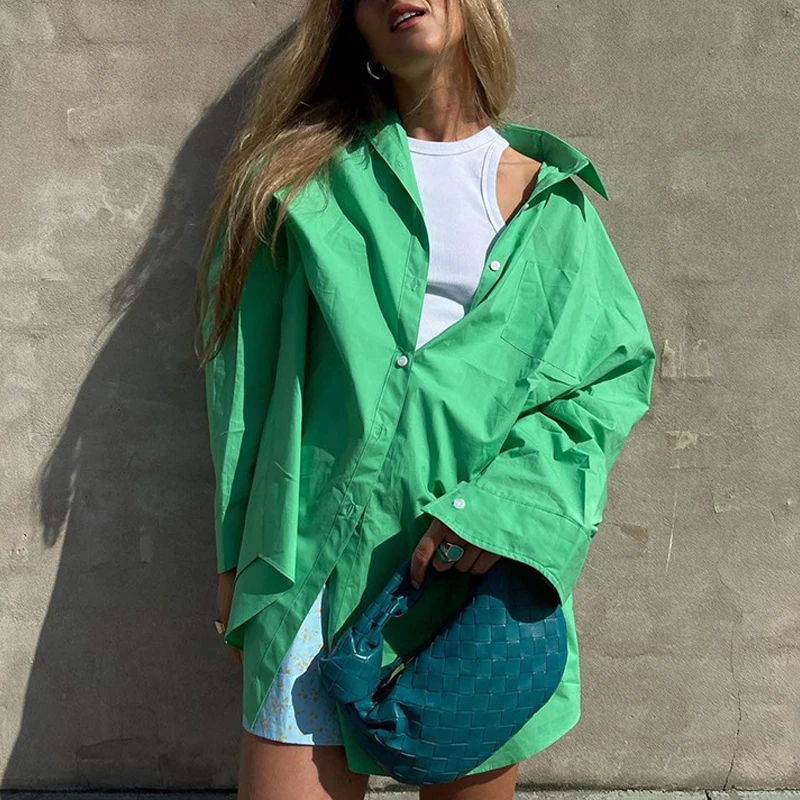 

Женская свободная рубашка на одной пуговице, повседневная зеленая рубашка большого размера с отложным воротником и длинным рукавом, улична...
