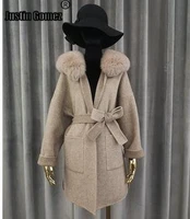 top quality high end warm luxury outwear elegant feminine coat natural fox fur collar streetwear cashmere wool coat with belt