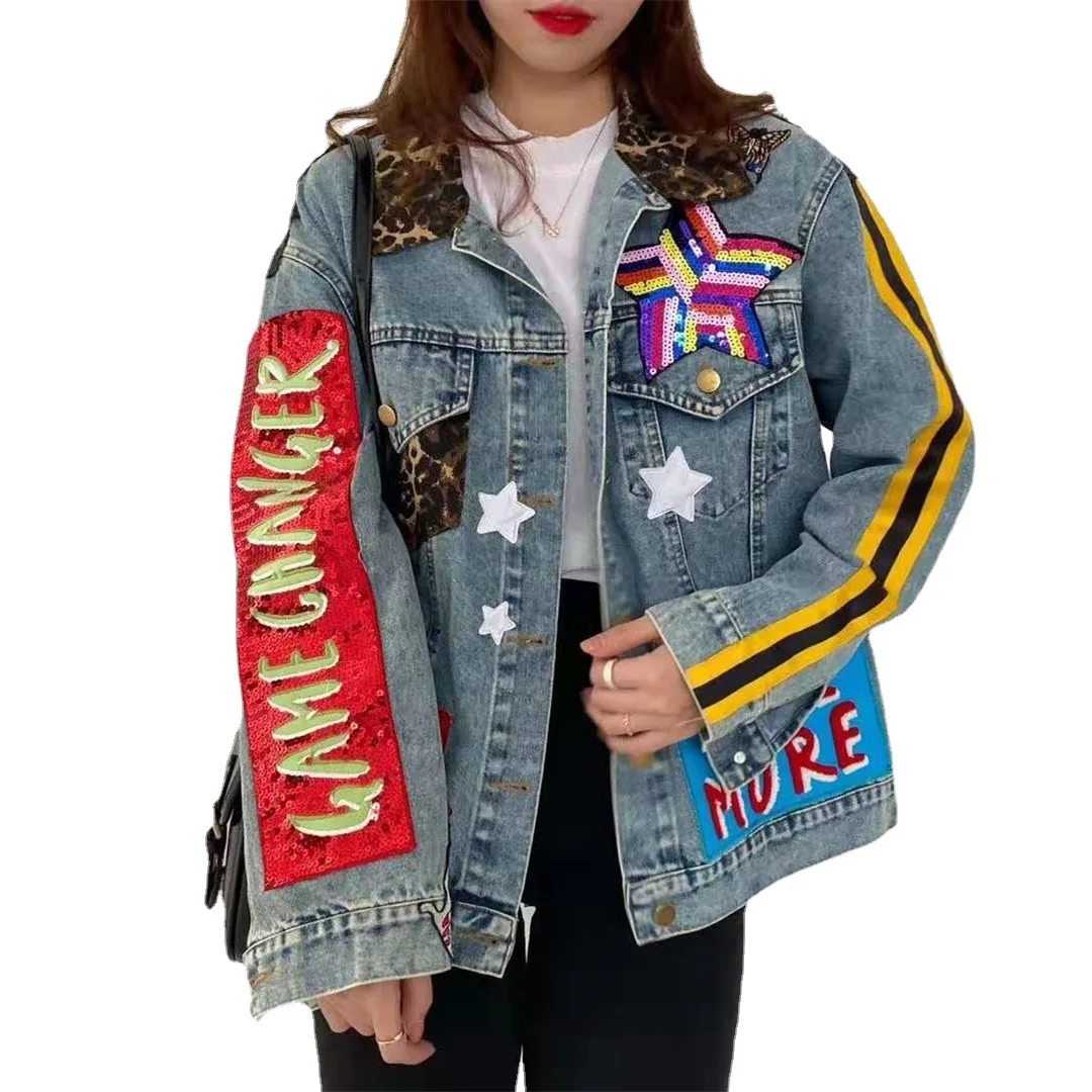 

blue letters Sequined jeans jackets for women Water wash Five-pointed star denim jacket coat casual long sleeve loose outwear