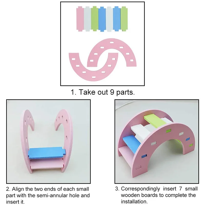 Instructional diagram demonstrating the steps to assemble the Hamster Toy Set for your hamster cage decor. The process involves taking out 9 parts, aligning them, and inserting 7 small wooden boards made from safe and durable materials to complete the installation.