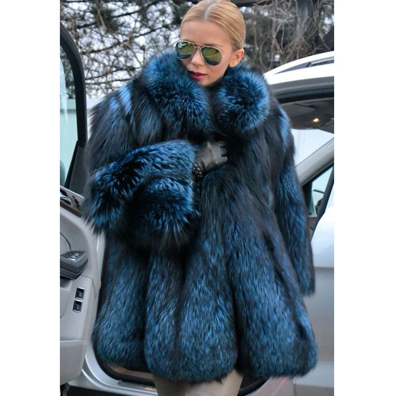 BFFUR Royal Blue Natural Fox Fur Coats Winter Thick Warm Women Genuine Whole Skin Silver Fox Fur Overcoats Luxury Fur Coats 2022