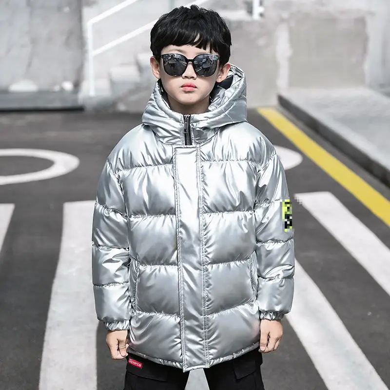 

New Children Glossy Hooded Puffer Coat Teen Kids Thick Warm Windproof Overcoat Boy Shiny Wadded Jacket Outerwear Trendy Snowsuit