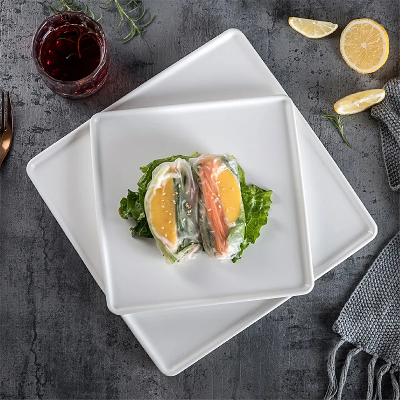 

8/10 дюймов простой белый, квадратный, керамический стейк плиты в западном стиле Еда десерт салат плоский ужинная тарелка спагетти отель столовые приборы