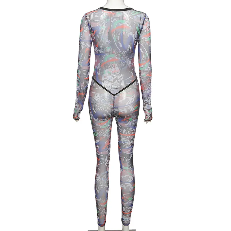 

Trendy Printed Mesh See Through Bodycon Jumpsuit Women 2020 Autumn Fashion Streetwear O-Neck Skinny Slim Active Workout Outfits