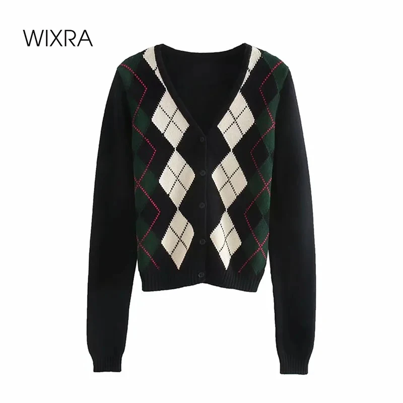 

Wixra Women's Vintage Cardigan Sweater Autumn 2020 Geometric Pattern V-Neck England Slim Long Sleeve Sweaters Female Tops