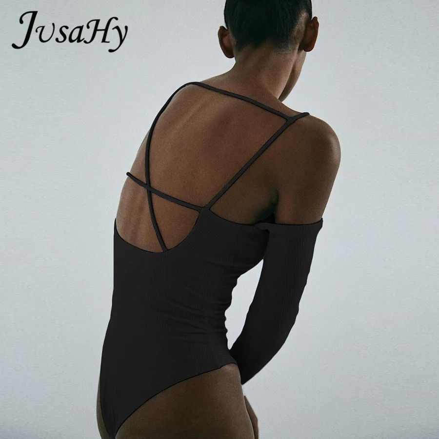 

JuSaHy Knitted Solid Black Bodysuit for Women Fashion Elegant Long Sleeves Slash Neck Slim Stretchy Rompers Casual Streetwear