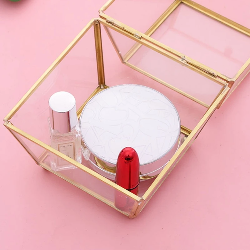 

Four Coner Transparent Gold Glass Ring Box Wedding Ring Box Geometric Clear Glass Jewelry Box Organizer TabletopHolder