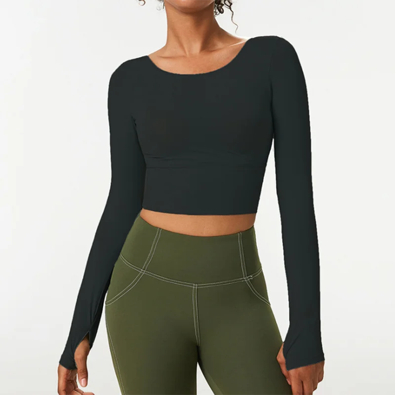 Женский спортивный топ для йоги Сексуальная рубашка с длинным рукавом и вырезом