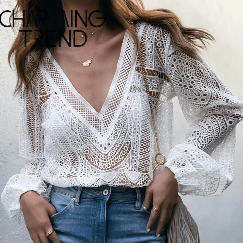

Chic lace hollow women ’s blouse 2020 spring summer deep V sexy long-sleeved top elegant female vacation see-through top white