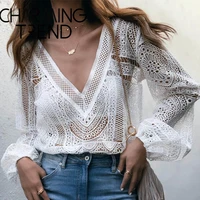 chic lace hollow women %e2%80%99s blouse 2020 spring summer deep v sexy long sleeved top elegant female vacation see through top white