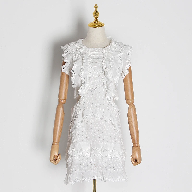 CHICEVER Hollow Out Lace Ruffle Dresses Women O Neck Sleeveless High Waist A Line Mini Dress Female 2020 Korean Fashion New | Женская