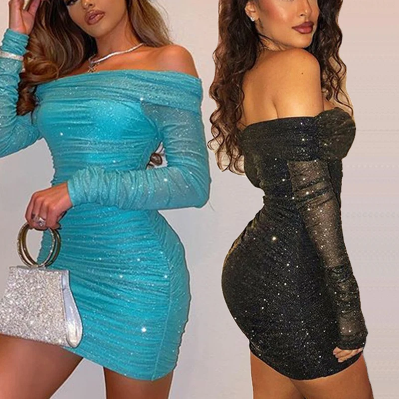 

Женское вечернее платье с вырезом лодочкой, с открытыми плечами и блестками