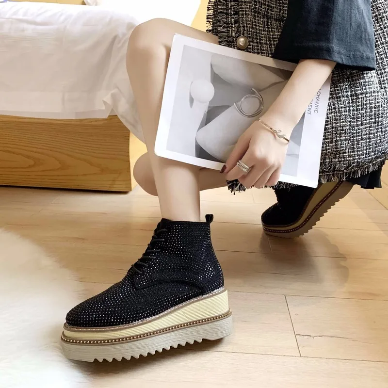 Women Leather Shoes High-top Vulcanized Crystal Sewed Rhinestone Hot Sale Girls Beautiful Sneakers New Designs N10-21 | Обувь
