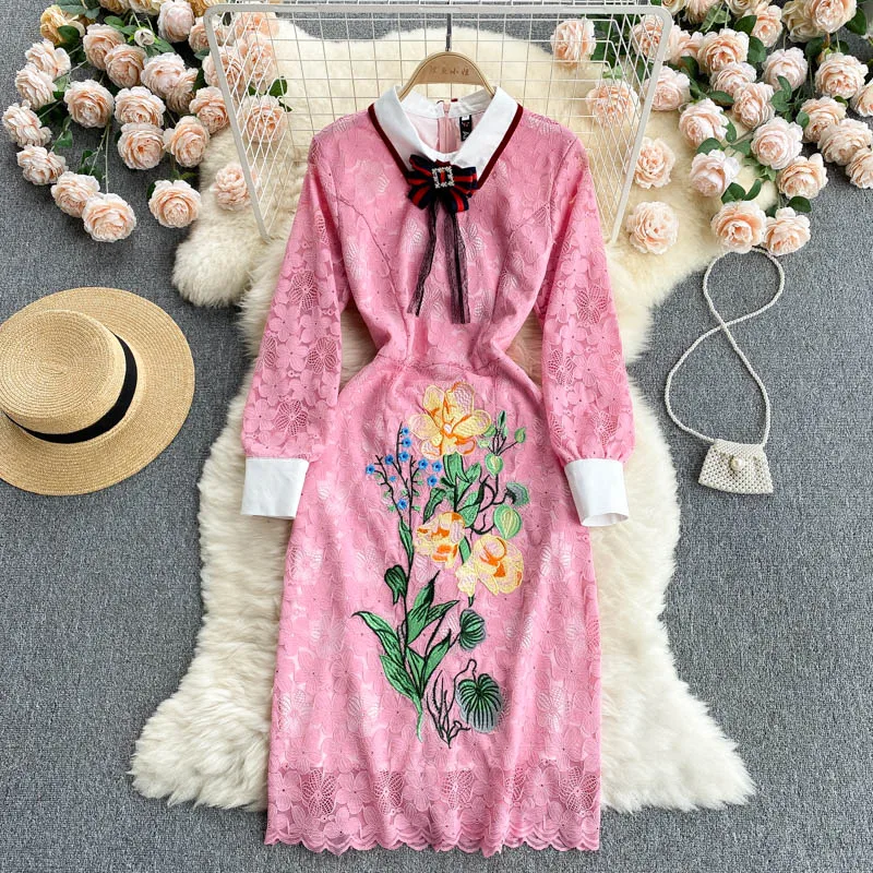 

Vintage Elegant Flower Embroidery Pink Lace Dress for Women 2021 Autumn Office Ladies Work Wear Mid Long Dress With Bowknot