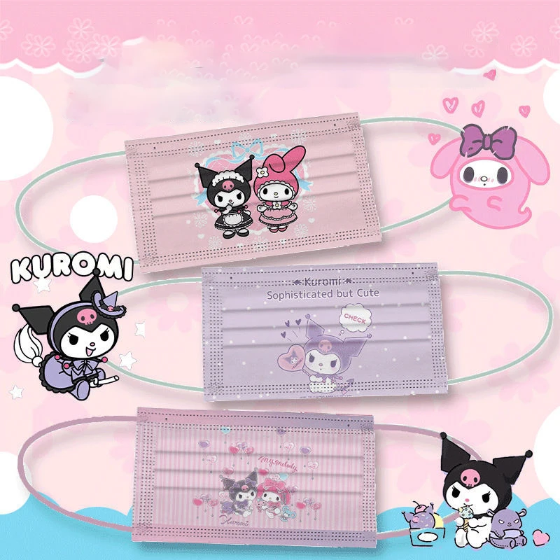 

Маска для лица Kawaii Kuromi, 50 шт., милая детская Защитная маска Mymelody, одноразовая трехслойная маска для девочек и взрослых, подарки