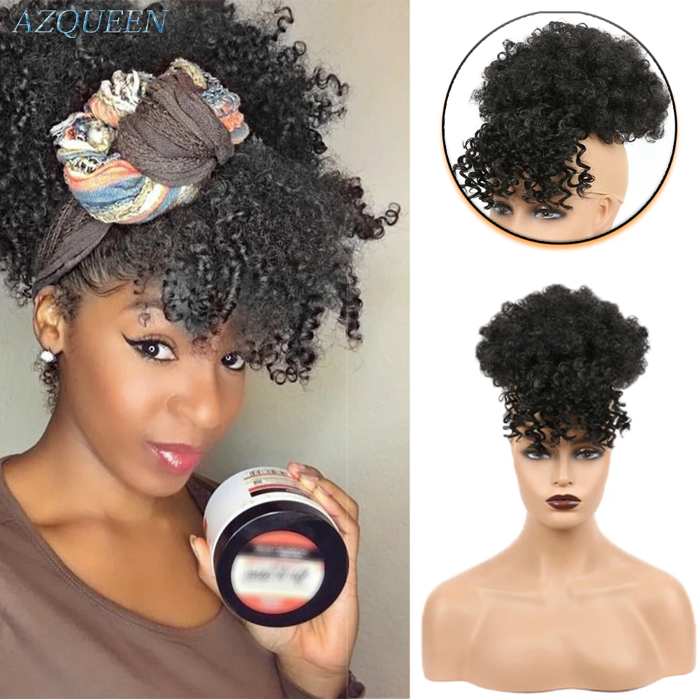 

Ponytail Drawstring With Bangs Afro High Puff Hair Bun Synthetic Short Kinkys Curly Pineapple Pony Tail Clip in on Wrap Updo