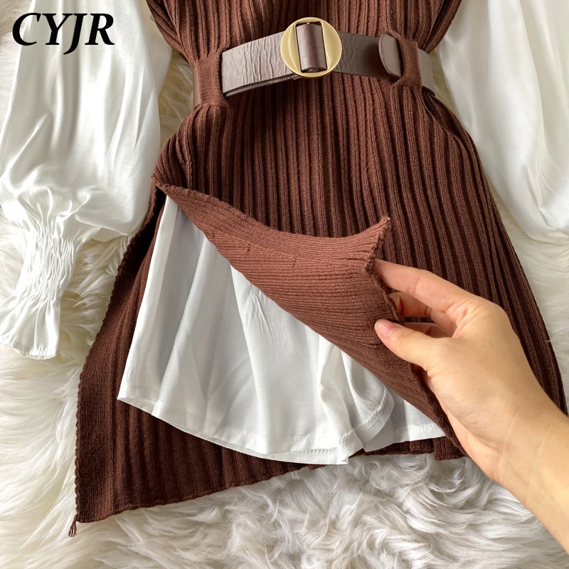 

2021 Spring Autumn Women's Lantern Sleeve Shirt Knitted Vest Two Piece Sets of College Style Waistband Vest Two Sets Top