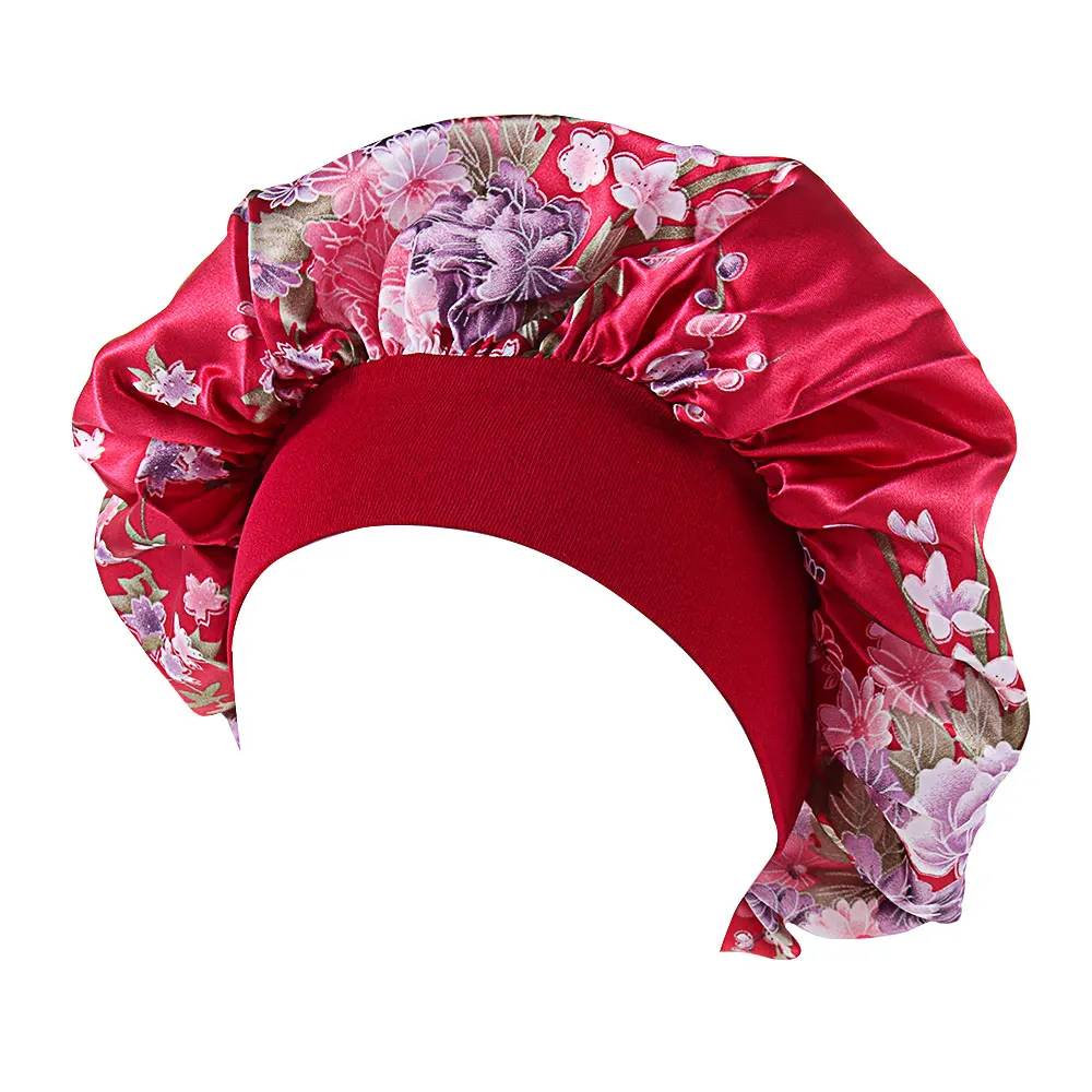 

Printing Satin Bonnet For Women Elastic Wide Band Night Sleep Satin Hat Chemo Caps Hair Loss Cover Fashion Head Wrap Hair Care