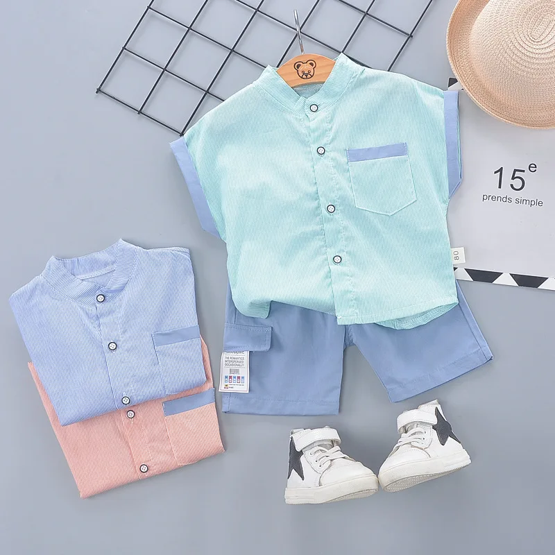 

Комплекты одежды для маленьких мальчиков, 2021 Летняя Повседневная хлопковая рубашка с воротником-стойкой + синие шорты, спортивные наряды с ...